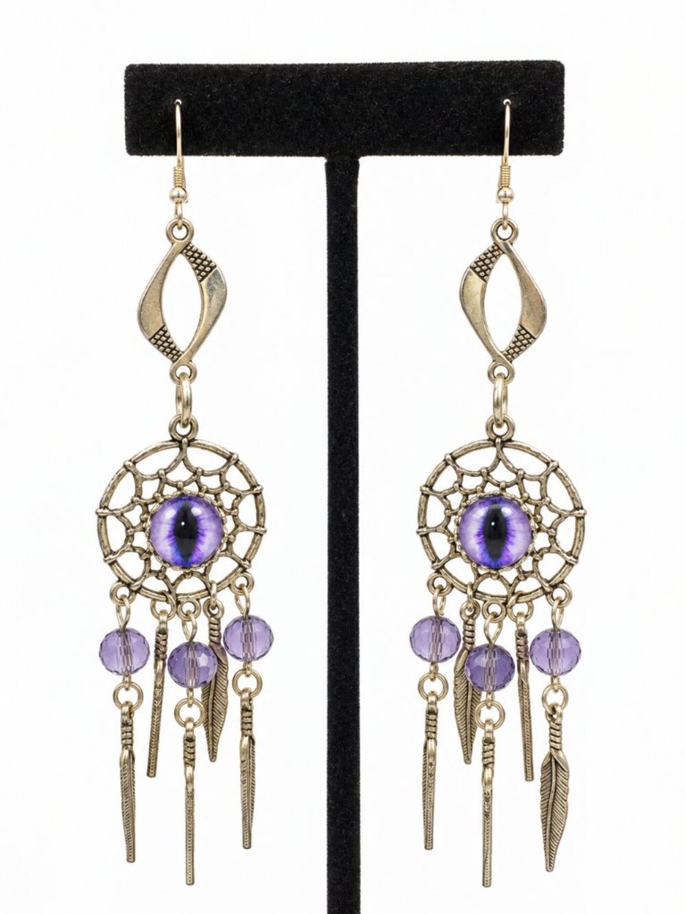 VINTAGE DREAMCATCHER EARRINGS Purple Cat Eye Feather 925 Sterling Ear Wires 5"
